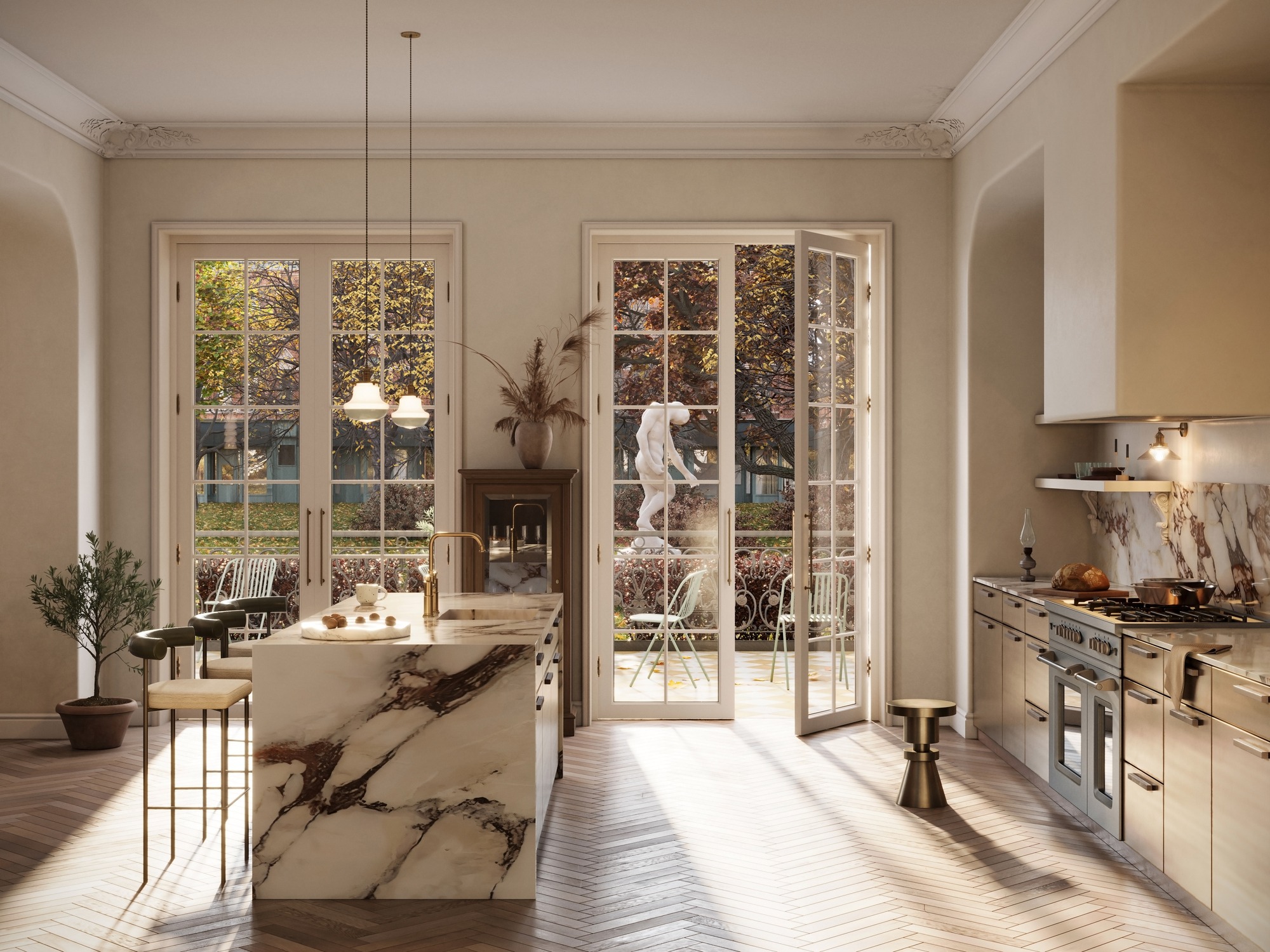 Elegant kitchen with marble island, gold accents, and modern appliances. Large French doors open to a sunlit patio with outdoor seating and a statue in a lush garden. Natural light fills the space.