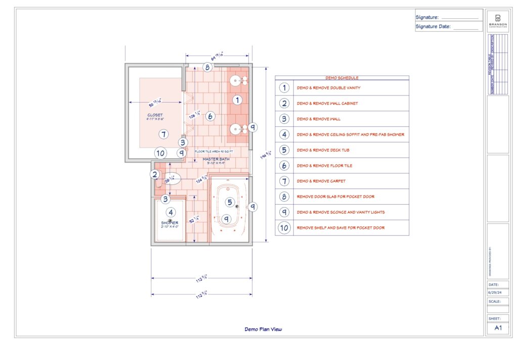 Floor plan of a bathroom and closet with labeled demolition notes, including removal of shower, cabinets, doors, shower tile, floor tile, soffit, pocket door, and vanity lights. Measurements and signatures are shown.