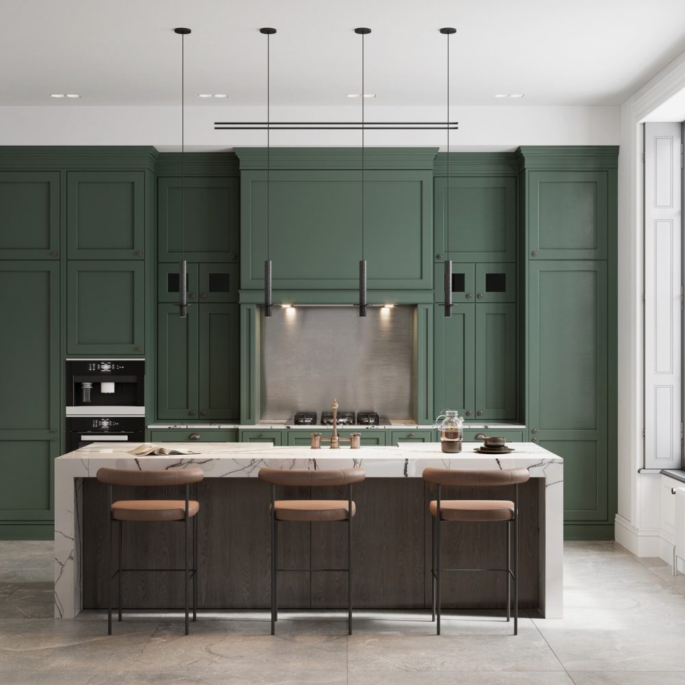 Modern kitchen with dark green cabinets, a large marble island with brown barstools, built-in black appliances, pendant lights, and a tall window letting in natural light. The space is clean and minimalistic.