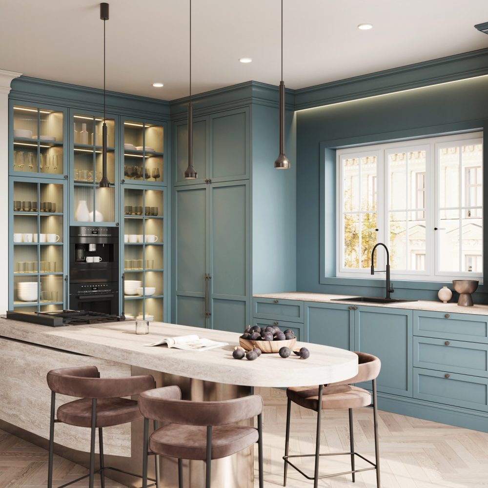 Modern kitchen with light blue cabinets, built-in appliances, open shelving with dishes, a large island with beige countertop, and four cushioned barstools. Pendant lights hang above the island, and a window lets in natural light.