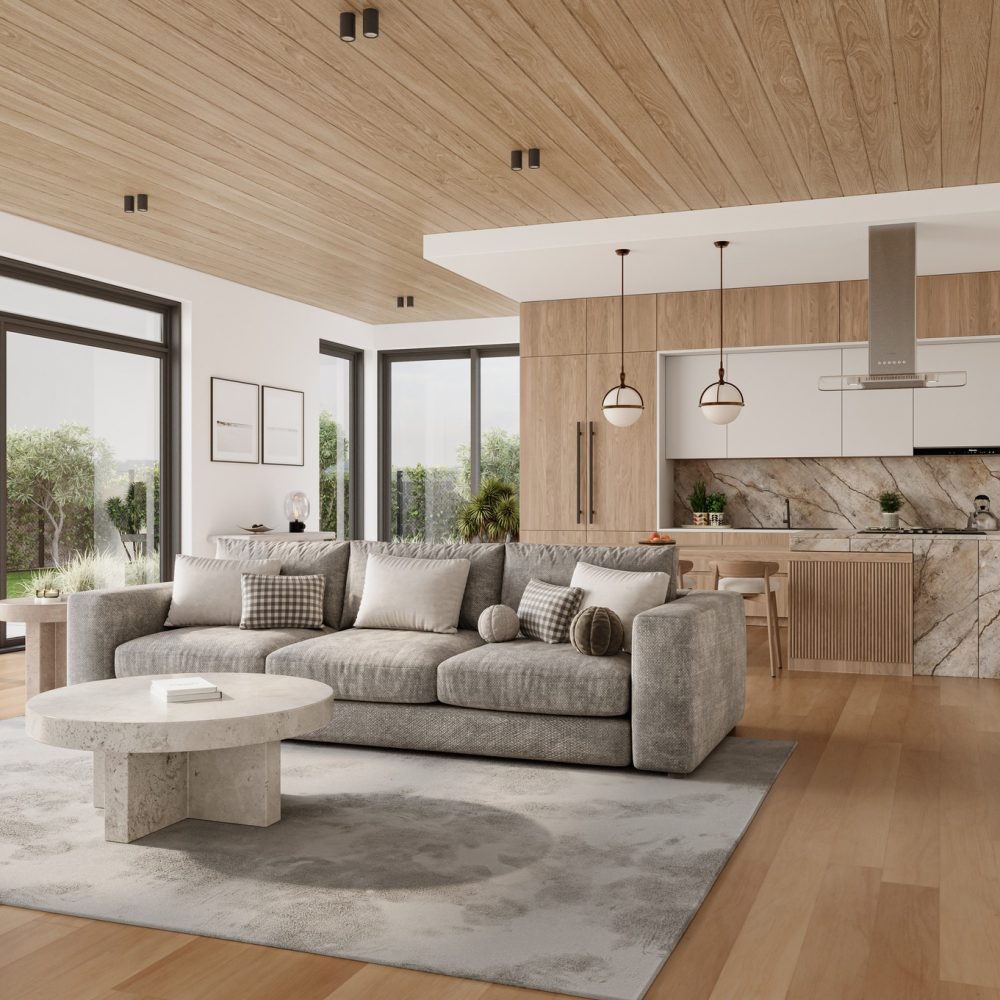 Modern open-concept living room and kitchen with large windows, wood floors and ceiling, a gray sofa, round coffee table, pendant lights, and a marble backsplash, overlooking a green outdoor garden.