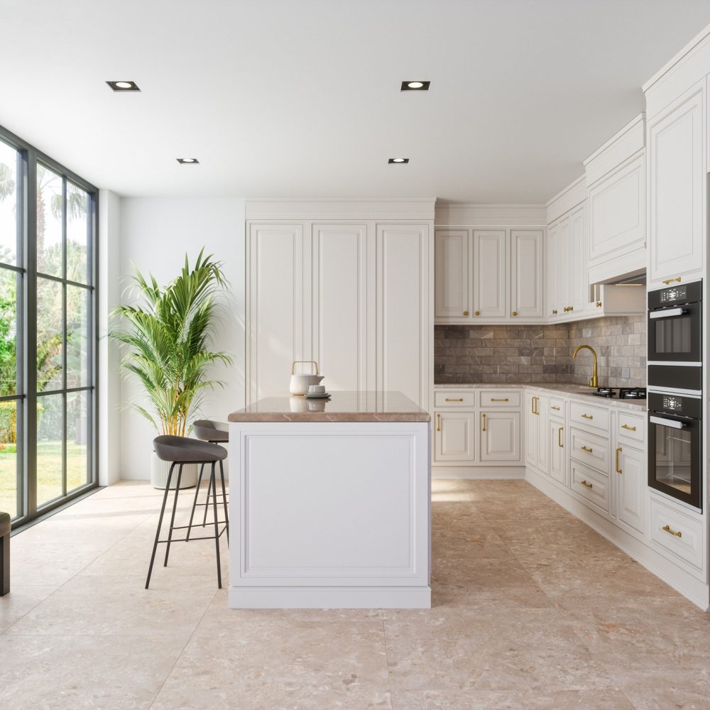 Modern kitchen with white cabinets, a central island with stools, stainless steel appliances, large windows letting in natural light, a potted plant, a wall bench, and a framed abstract artwork on the wall.